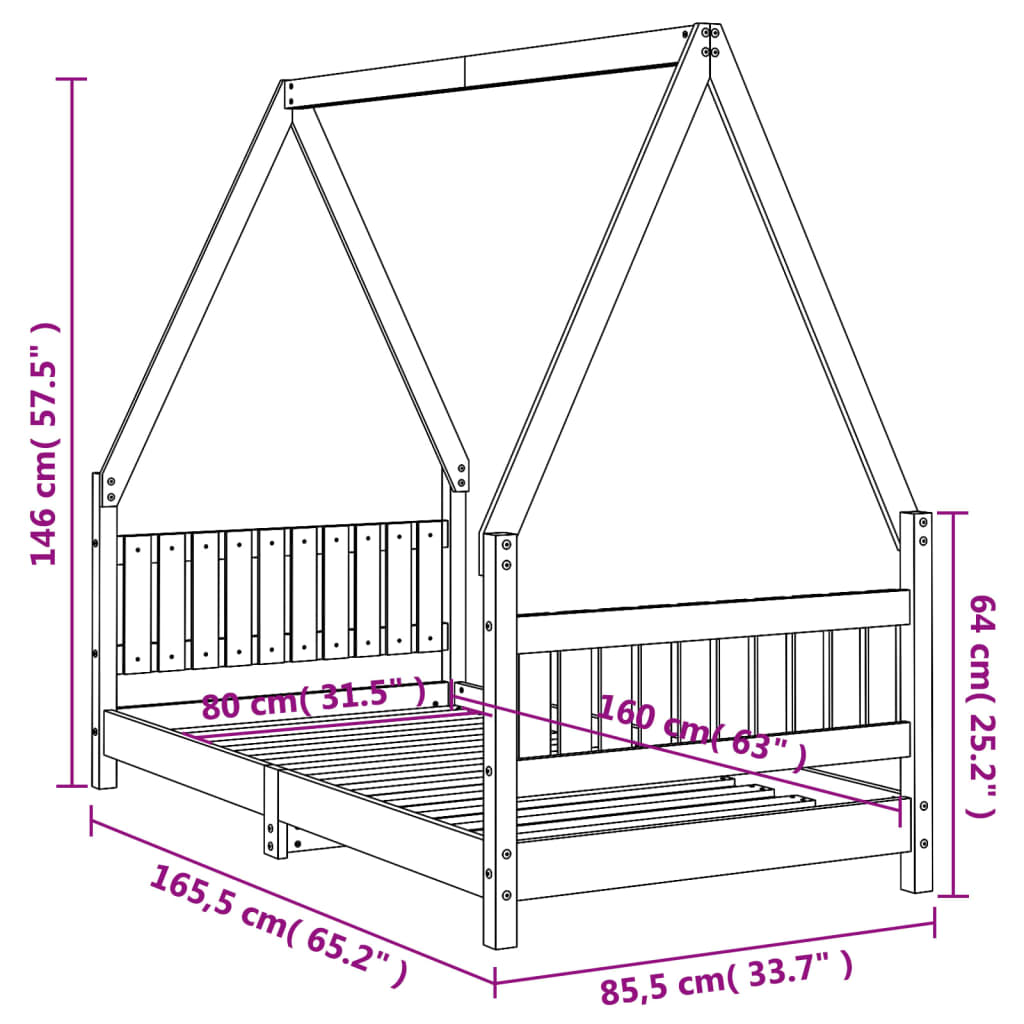 sengeramme til juniorseng 80x160 cm massivt fyrretræ hvid