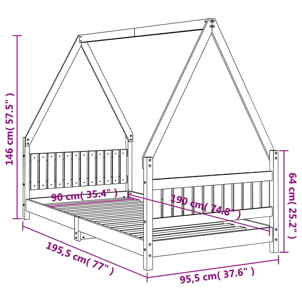 sengeramme til juniorseng 90x190 cm massivt fyrretræ sort
