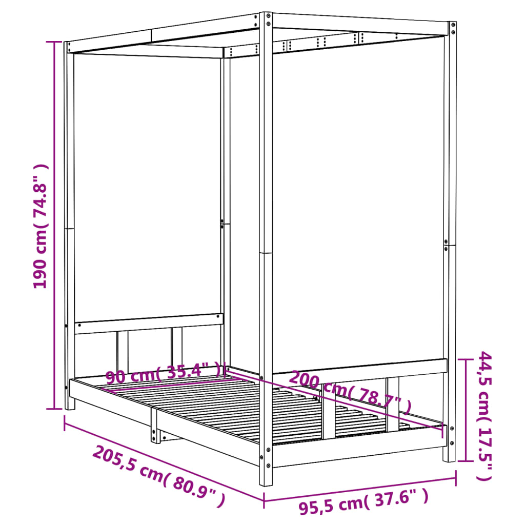 sengeramme til juniorseng 90x200 cm massivt fyrretræ sort