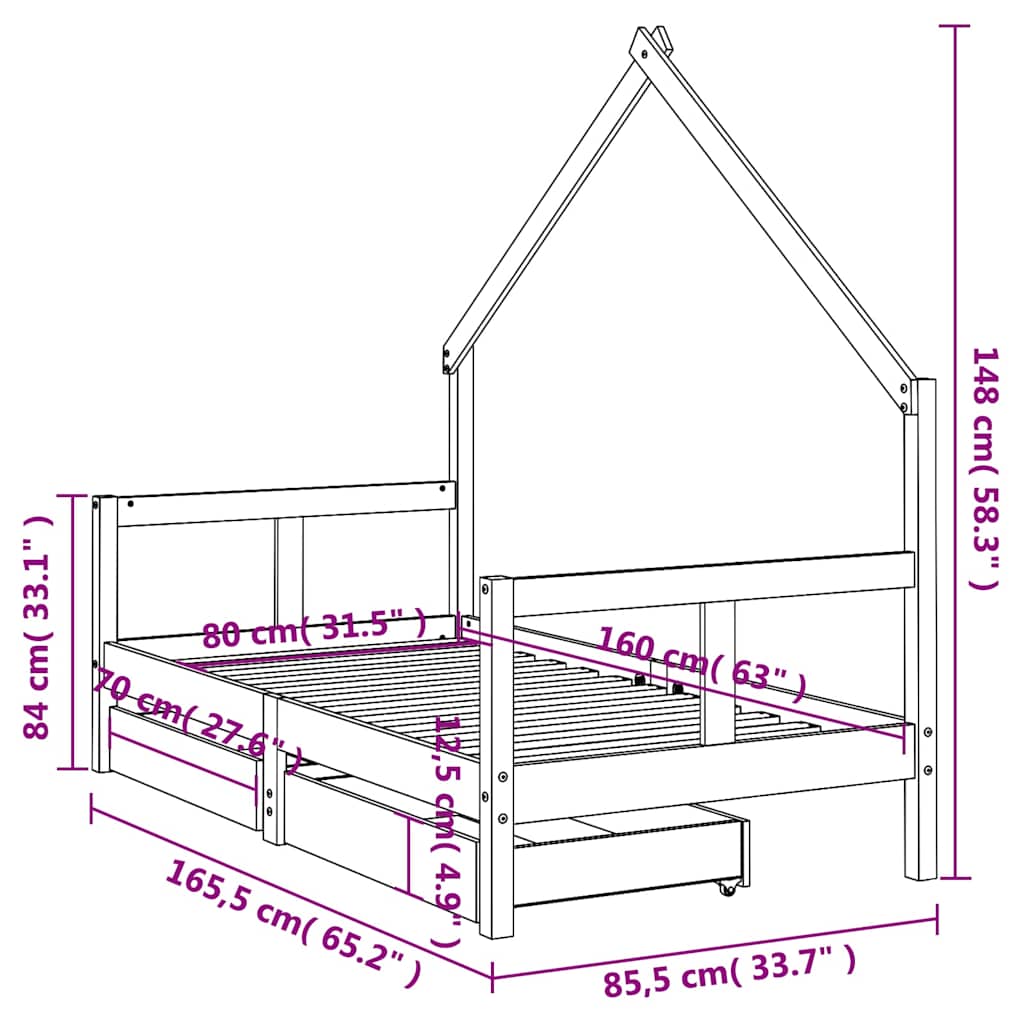 sengeramme til juniorseng 80x160 cm massivt fyrretræ