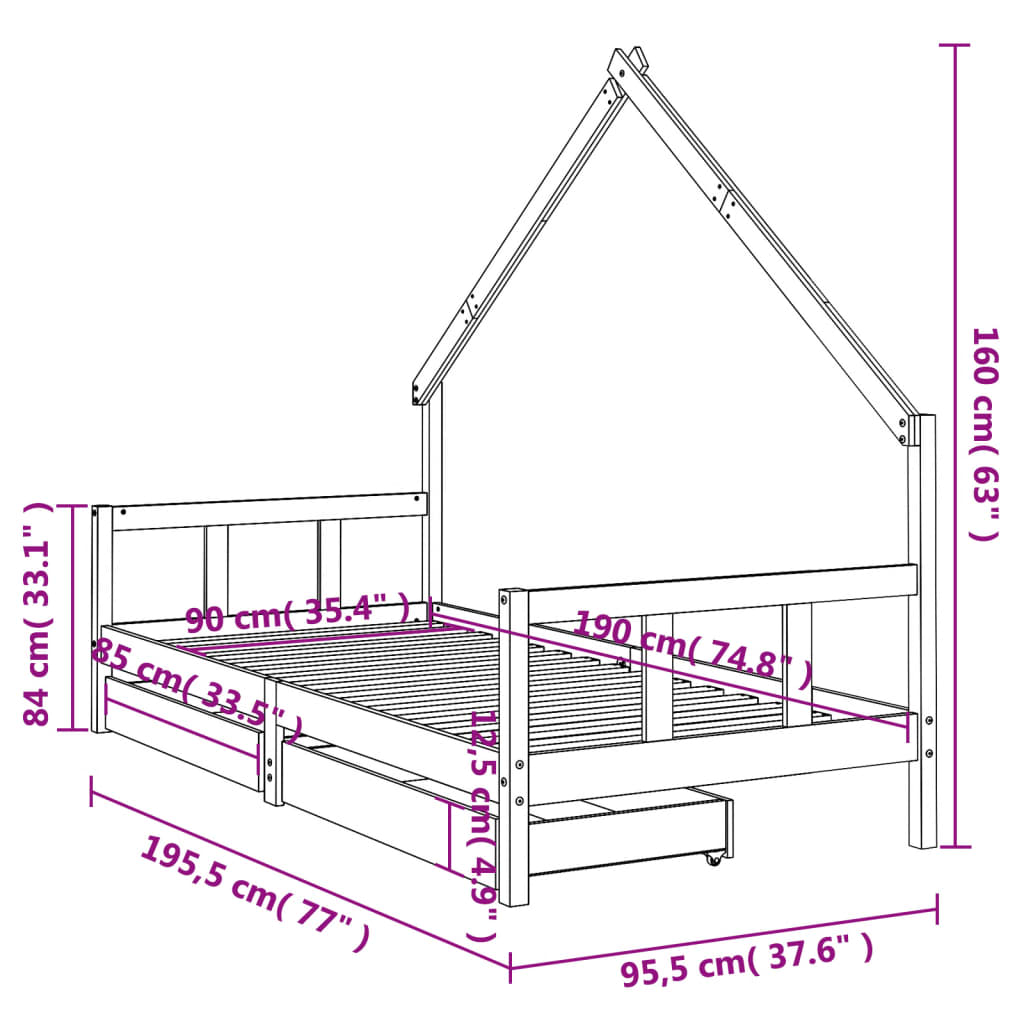 sengeramme til juniorseng m. skuffer 90x190 cm massivt fyr hvid