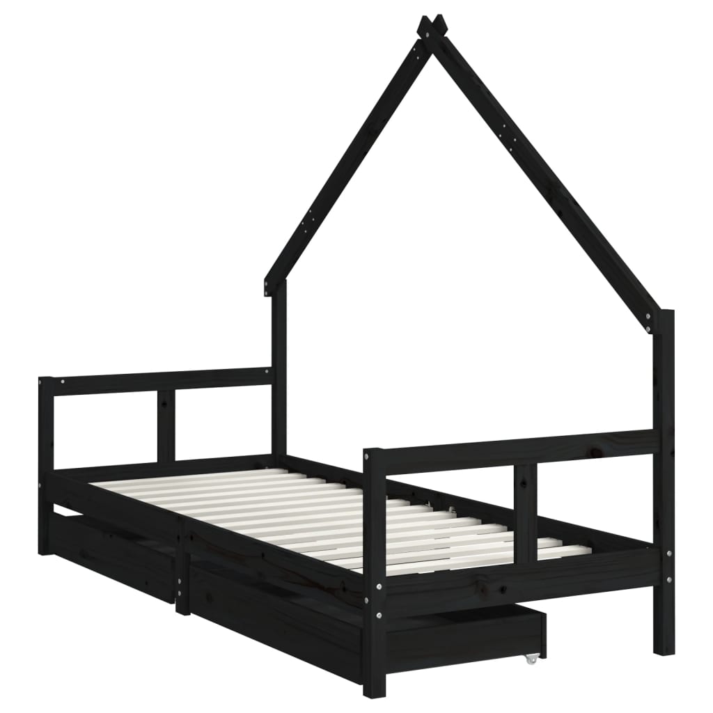 sengeramme til juniorseng m. skuffer 80x200 cm massivt fyr sort