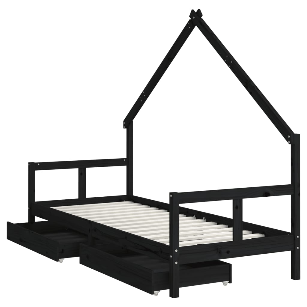 sengeramme til juniorseng m. skuffer 80x200 cm massivt fyr sort