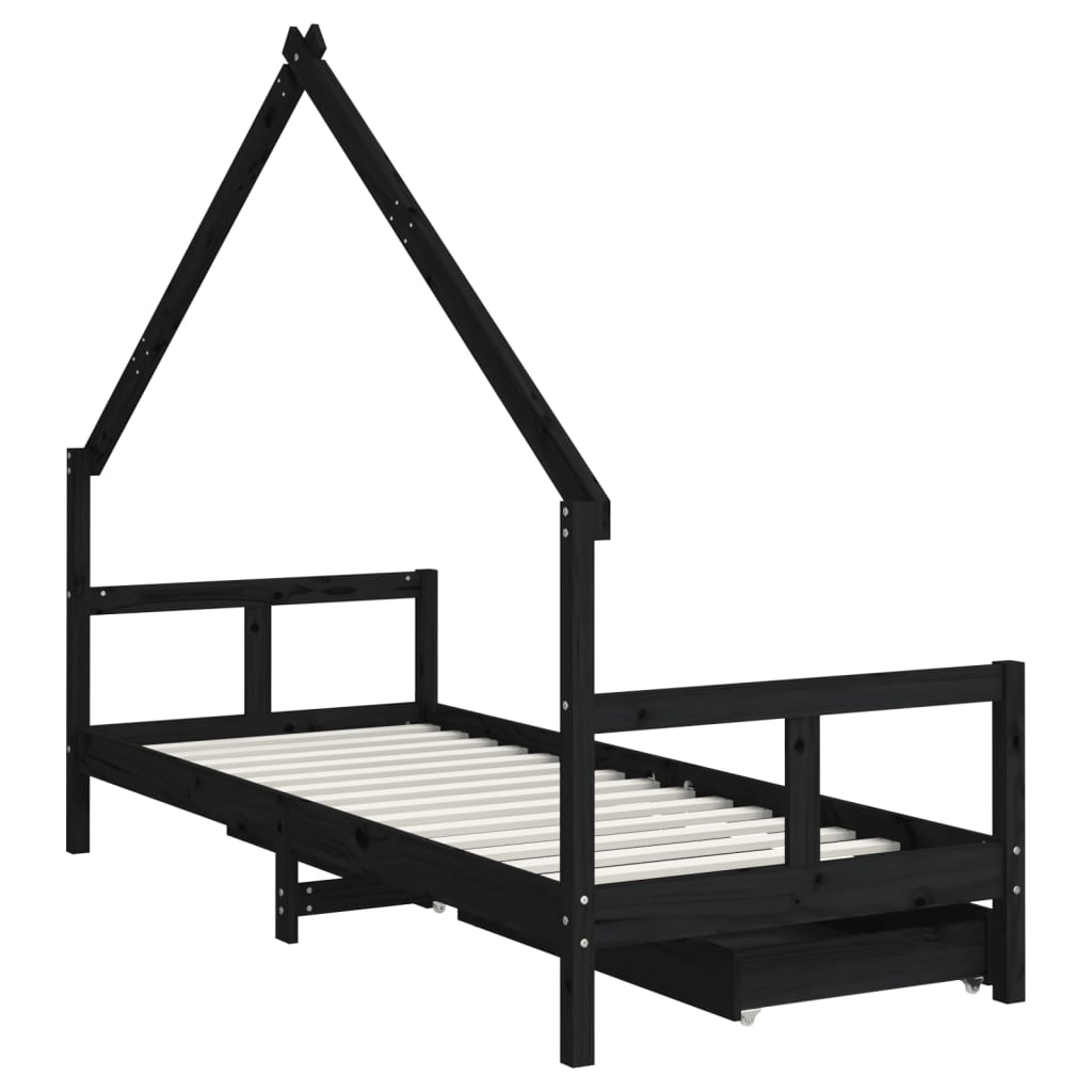 sengeramme til juniorseng m. skuffer 80x200 cm massivt fyr sort