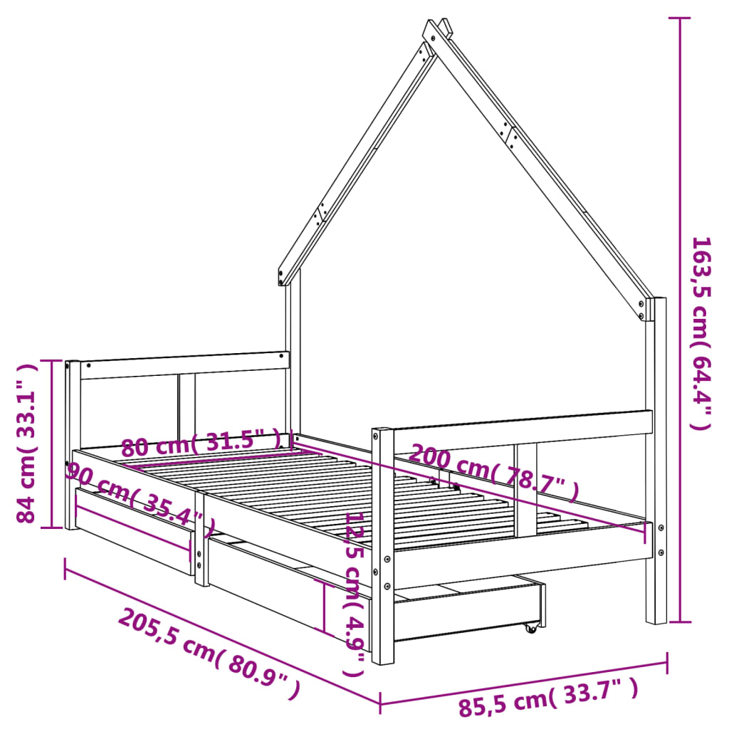 sengeramme til juniorseng m. skuffer 80x200 cm massivt fyr sort