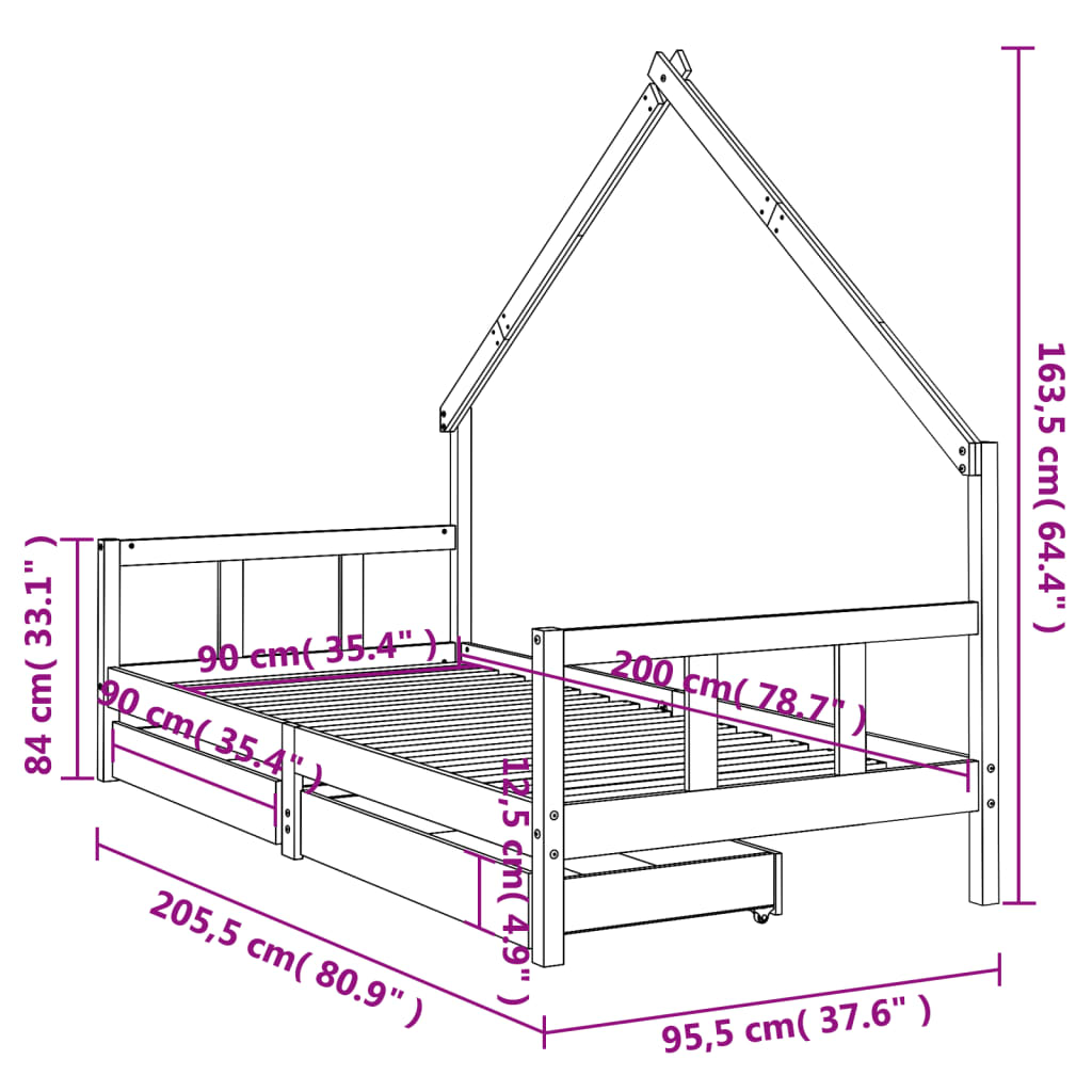 sengeramme til juniorseng m. skuffer 90x200 cm massivt fyr