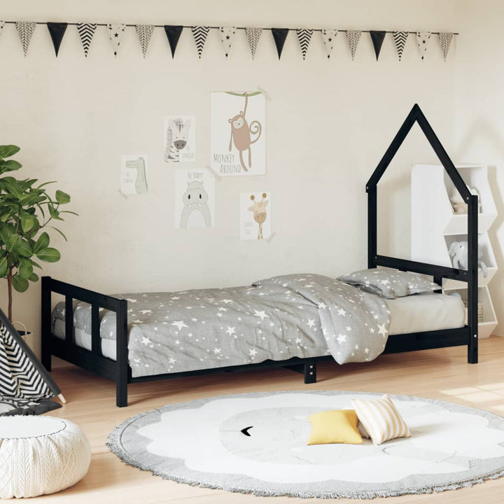 sengeramme til juniorseng 90x190 cm massivt fyrretræ sort