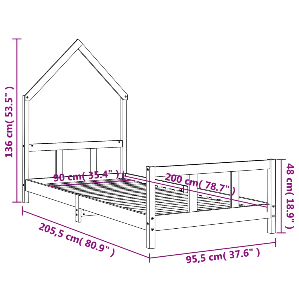 sengeramme til juniorseng 90x200 cm massivt fyrretræ sort