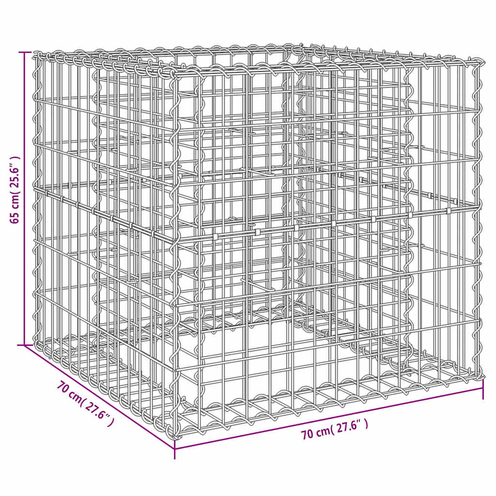gabionkurv 70x70x65 cm galvaniseret jern sølvfarvet