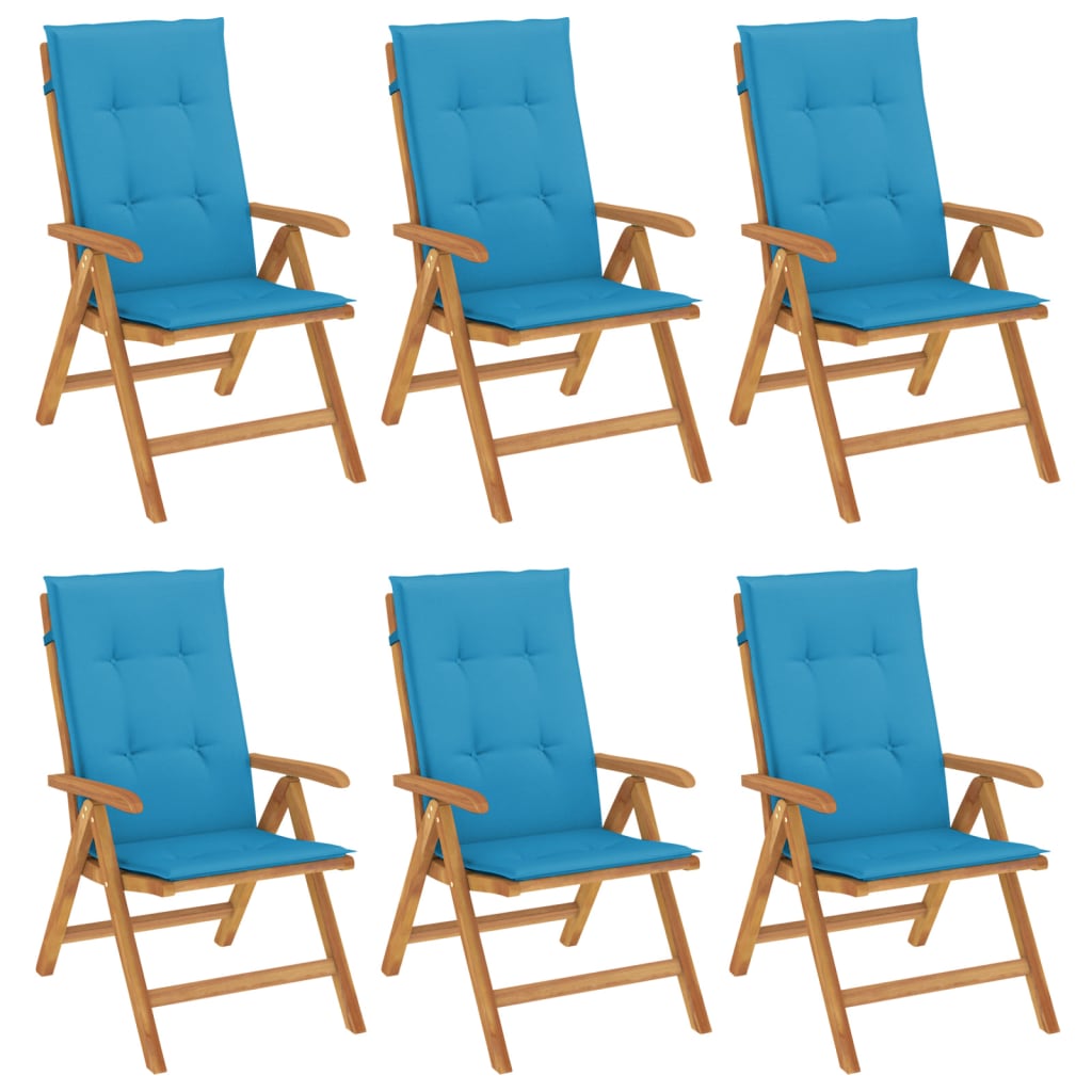 Klapstole med hynder, 6 stk., massivt teaktræ