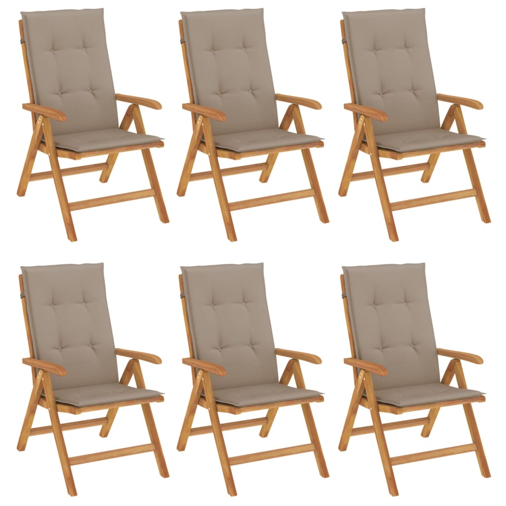 Klapstole med hynder, 6 stk., massivt teaktræ