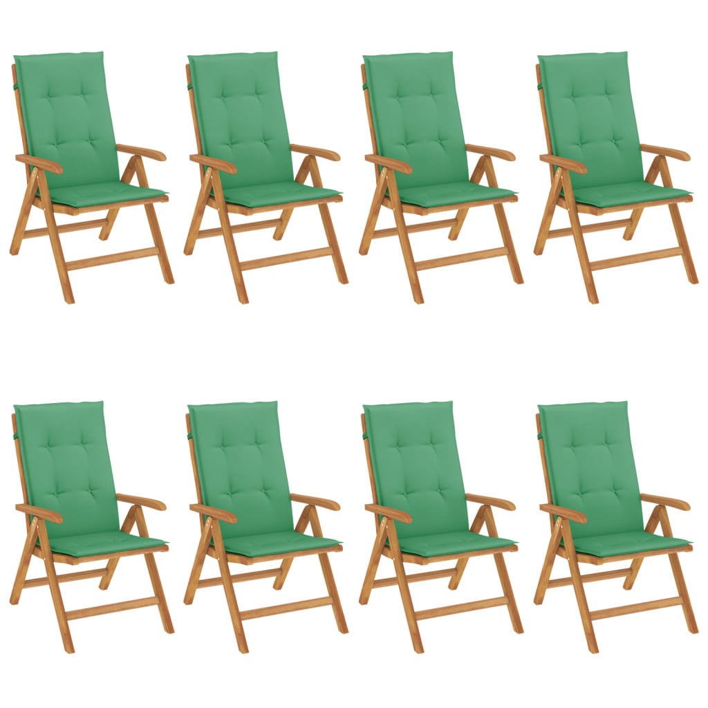Klapstole med hynder, 8 stk., massivt teaktræ