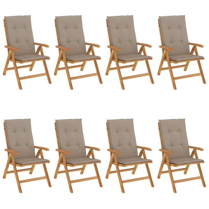 Klapstole med hynder, 8 stk., massivt teaktræ