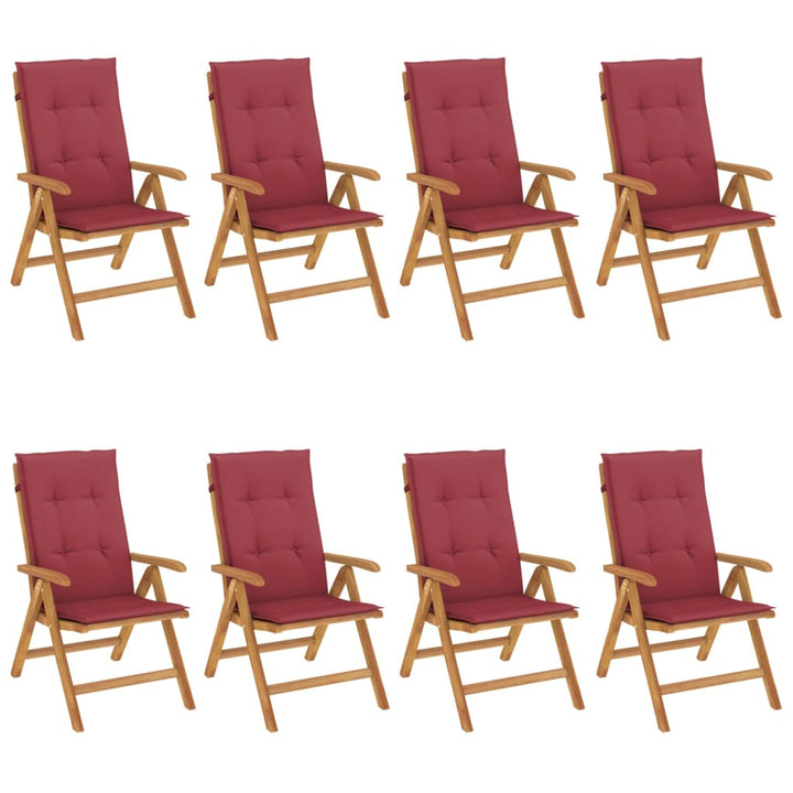 Klapstole med hynder, 8 stk., massivt teaktræ