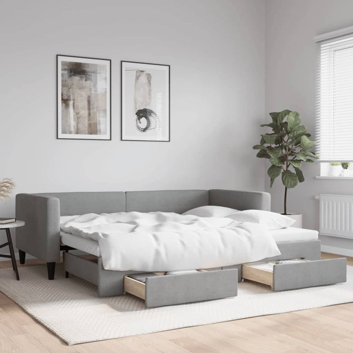 daybed med udtræk og skuffer 90x200 cm stof lysegrå