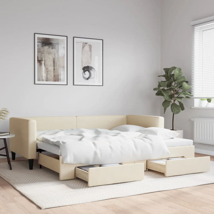 daybed med udtræk og skuffer 90x200 cm stof cremefarvet