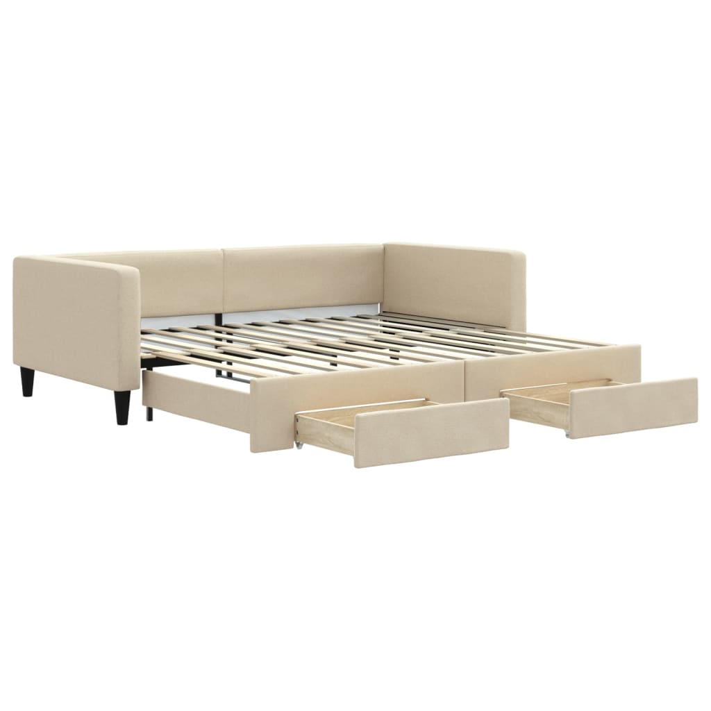 daybed med udtræk og skuffer 100x200 cm stof cremefarvet
