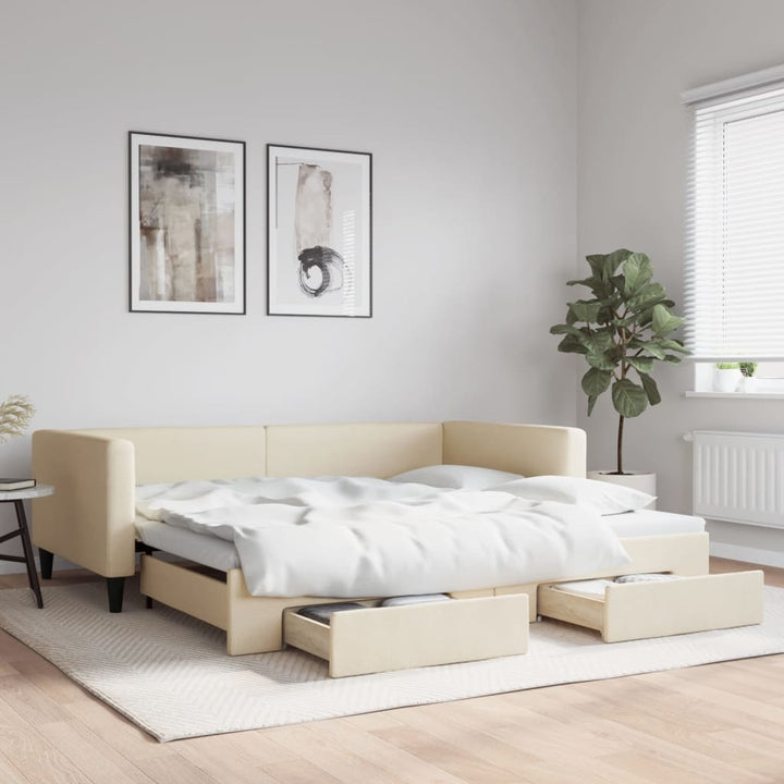 daybed med udtræk og skuffer 100x200 cm stof cremefarvet