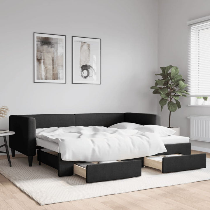 daybed med udtræk og skuffer 90x190 cm stof sort