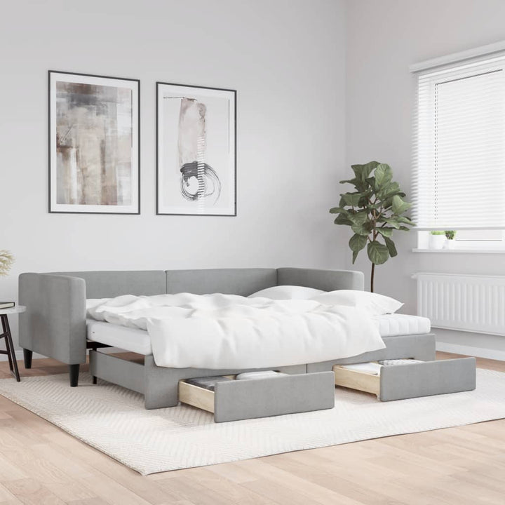 daybed med udtræk og skuffer 90x200 cm stof lysegrå