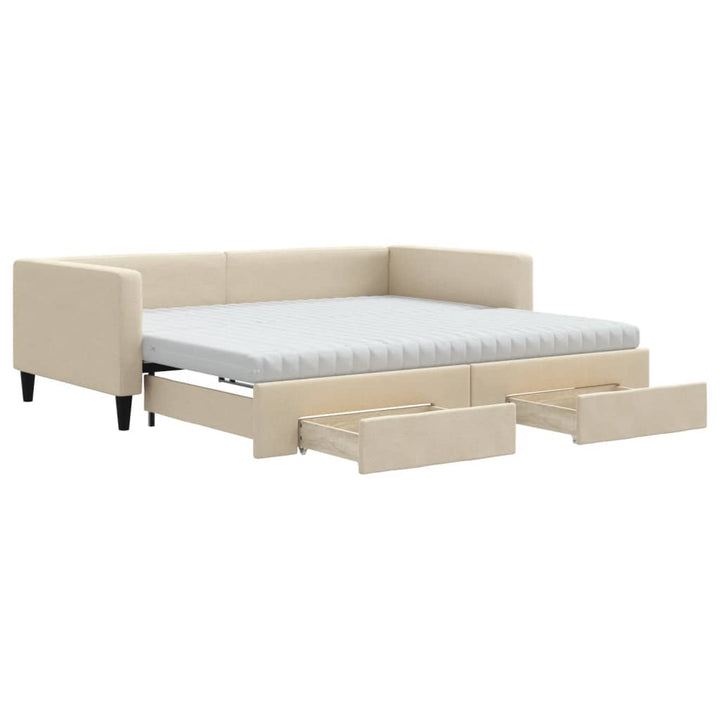 daybed med udtræk og skuffer 100x200 cm stof cremefarvet