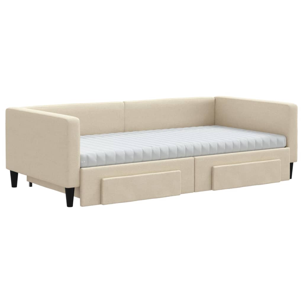 daybed med udtræk og skuffer 100x200 cm stof cremefarvet