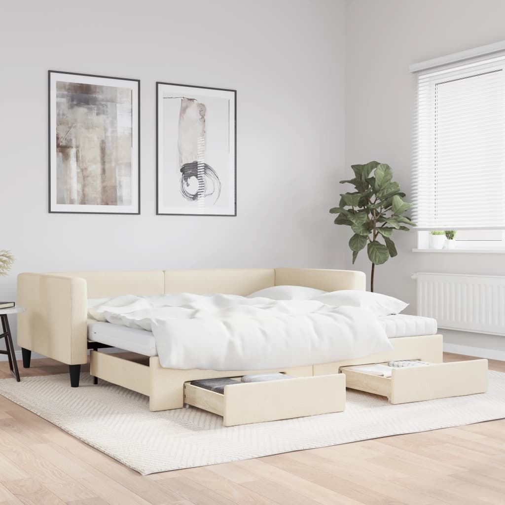 daybed med udtræk og skuffer 100x200 cm stof cremefarvet