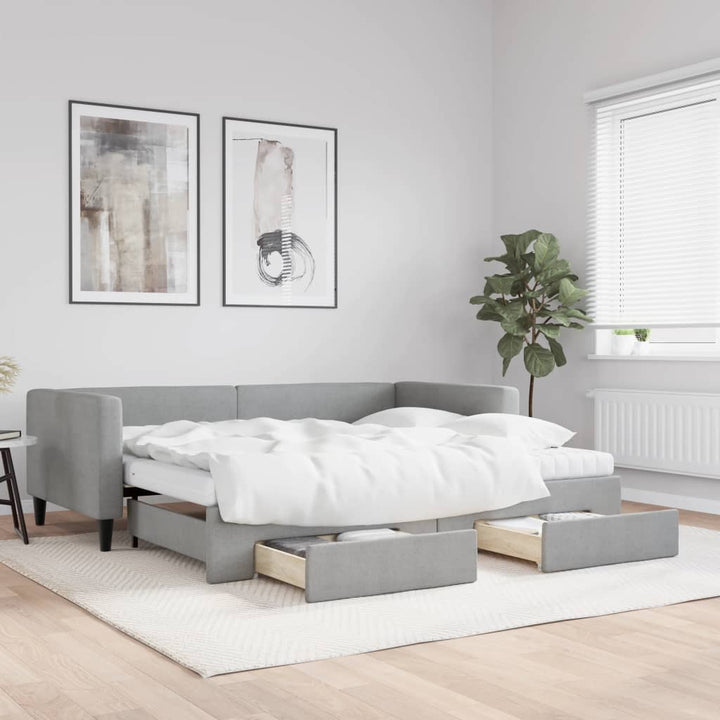 daybed med udtræk og skuffer 90x190 cm stof lysegrå
