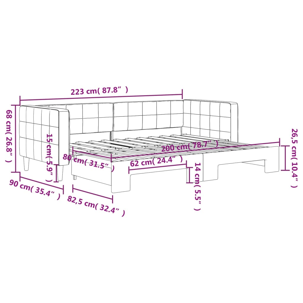 daybed med udtræk 80x200 cm velour mørkegrå