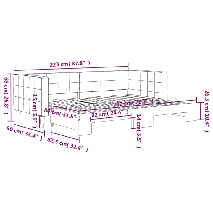 daybed med udtræk 80x200 cm velour mørkegrå