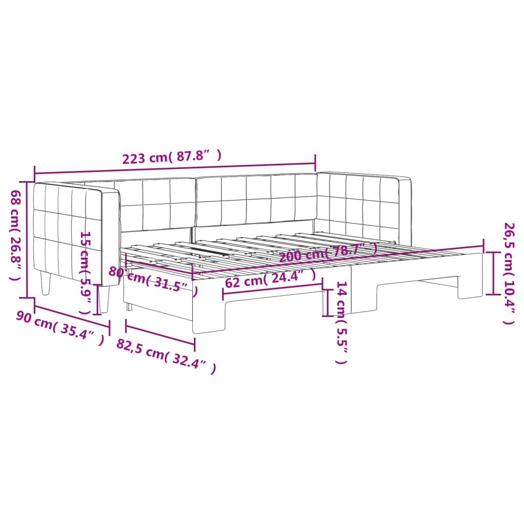 daybed med udtræk 80x200 cm velour lyserød