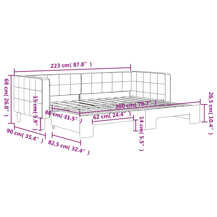 daybed med udtræk 80x200 cm velour lyserød