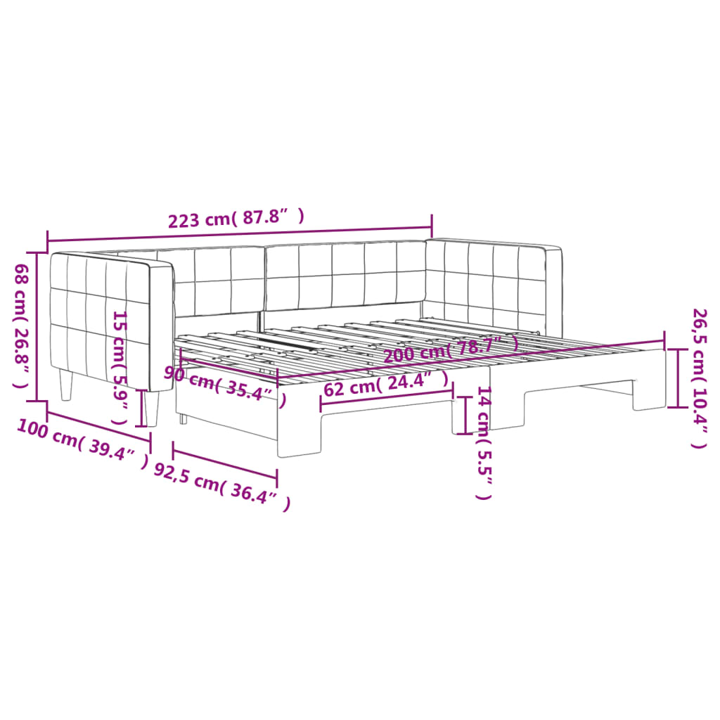 daybed med udtræk 90x200 cm velour sort