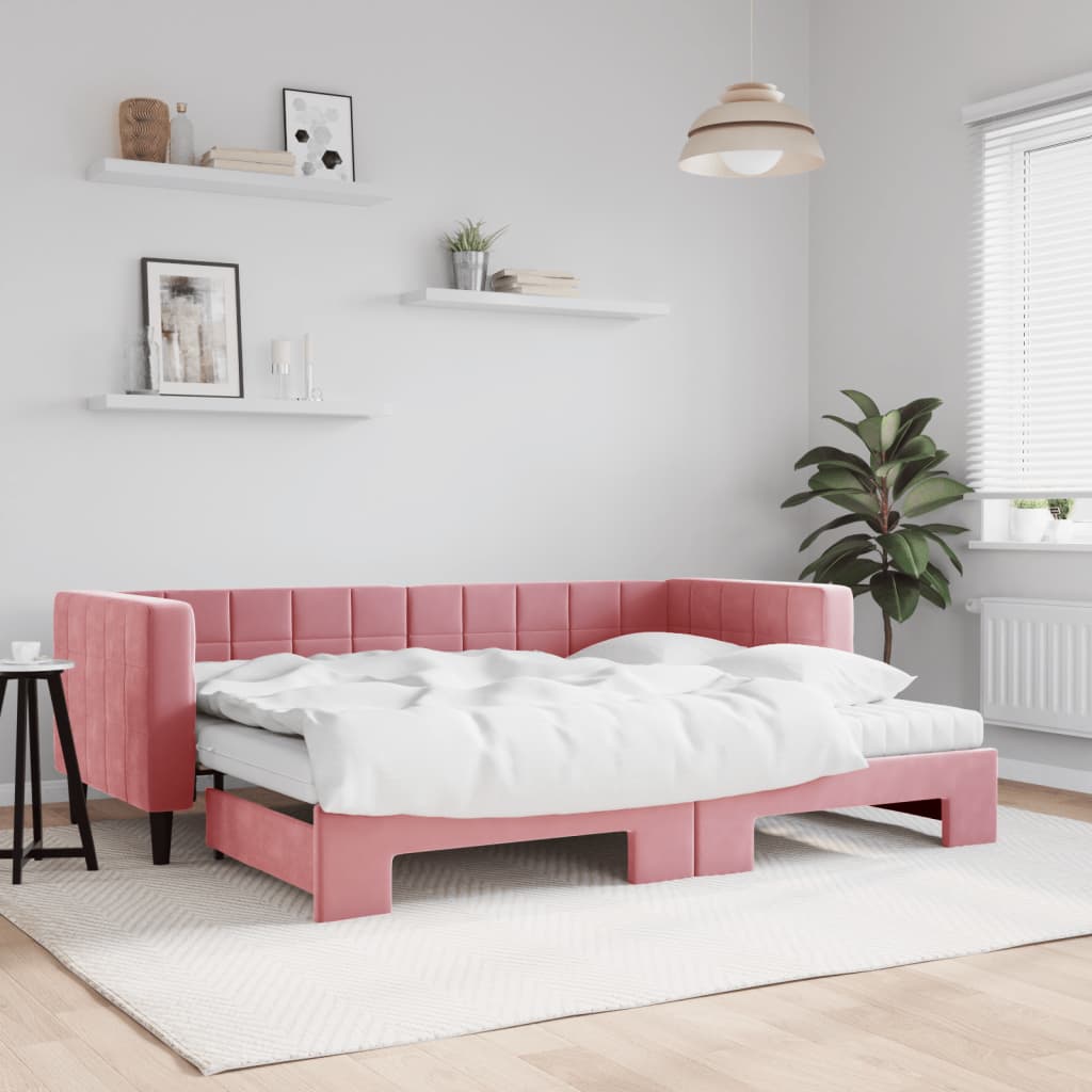 daybed med udtræk og madras 80x200 cm velour lyserød