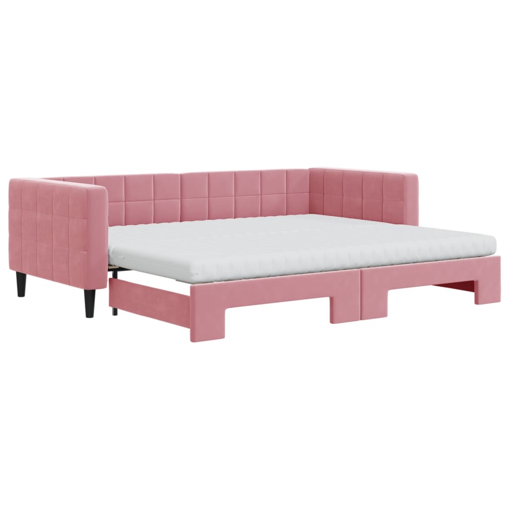 daybed med udtræk og madras 90x200 cm velour lyserød