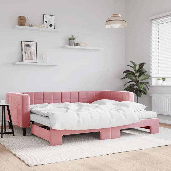 daybed med udtræk og madras 90x200 cm velour lyserød