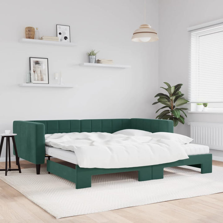 daybed med udtræk og madras 100x200 cm velour mørkegrøn