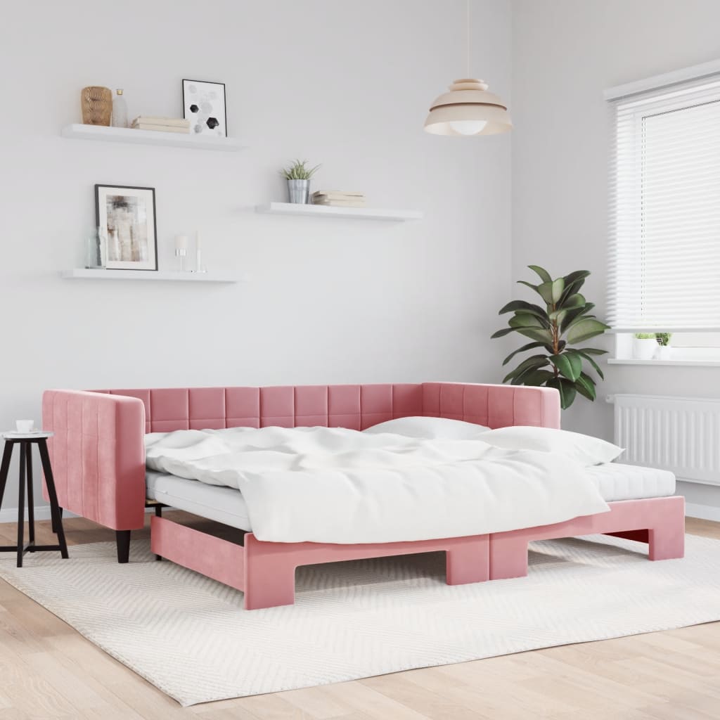 daybed med udtræk og madras 100x200 cm velour lyserød