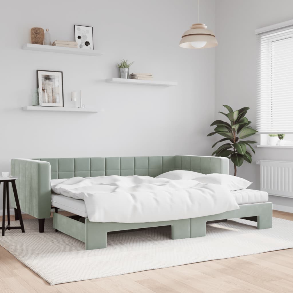 daybed med udtræk og madras 90x190 cm velour lysegrå