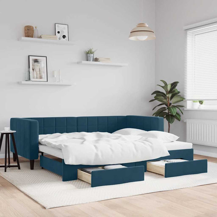 daybed med udtræk og skuffer 90x200 cm velour blå