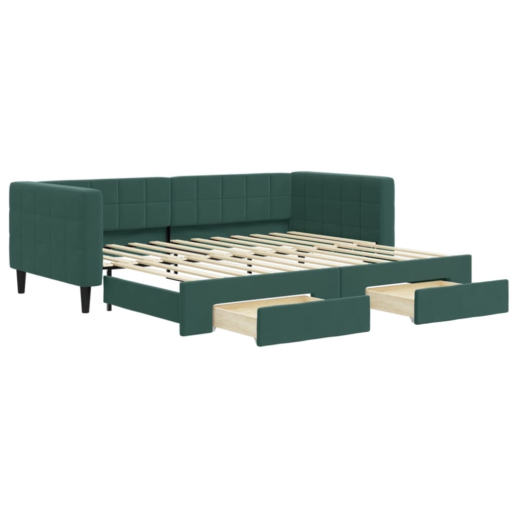 daybed med udtræk og skuffer 90x200 cm velour mørkegrøn