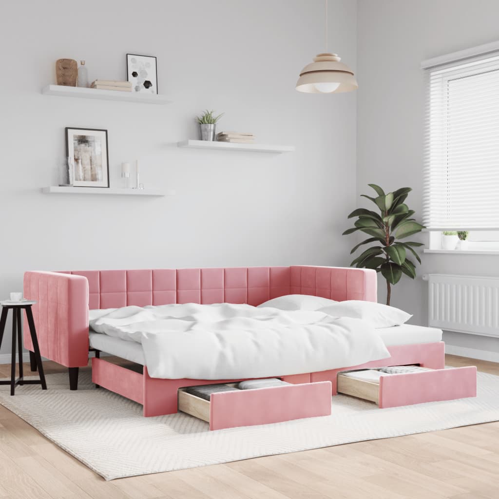 daybed med udtræk og skuffer 90x200 cm velour lyserød