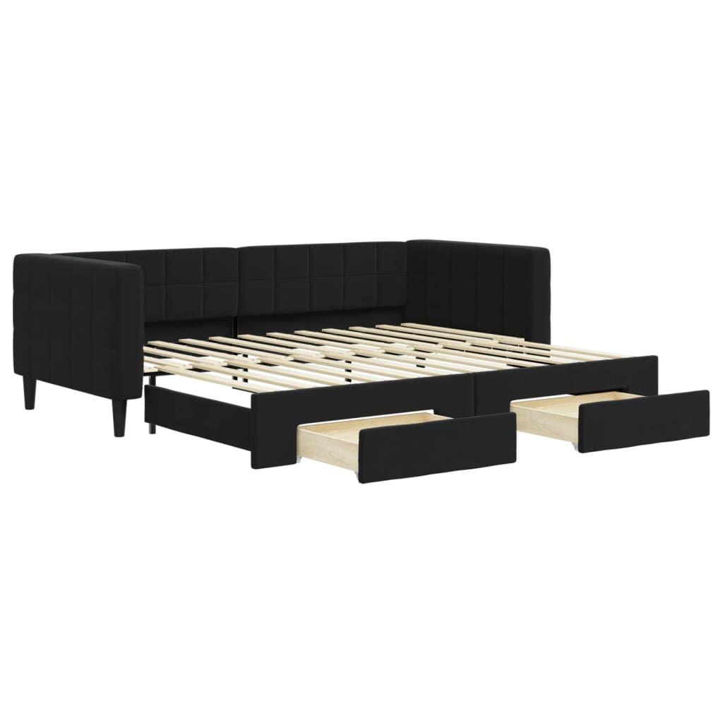 daybed med udtræk og skuffer 90x200 cm velour sort