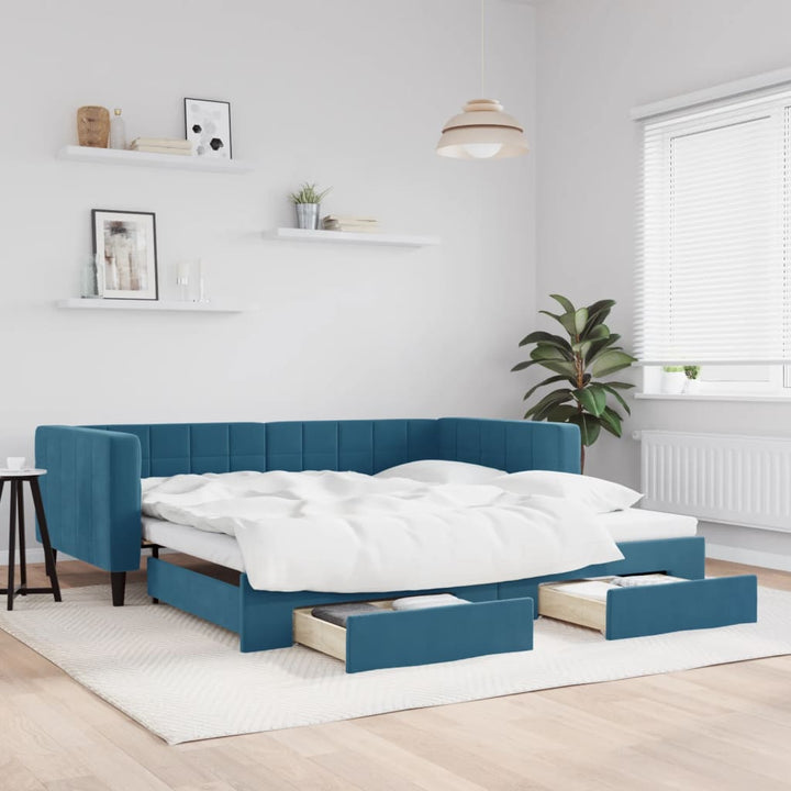 daybed med udtræk og skuffer 100x200 cm velour blå