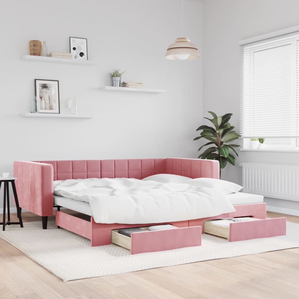 daybed med udtræk og skuffer 100x200 cm velour lyserød