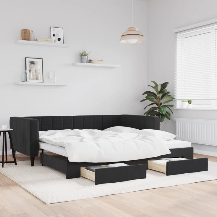 daybed med udtræk og skuffer 100x200 cm velour sort