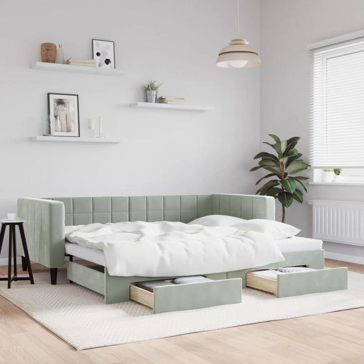 daybed med udtræk og skuffer 90x190 cm velour lysegrå