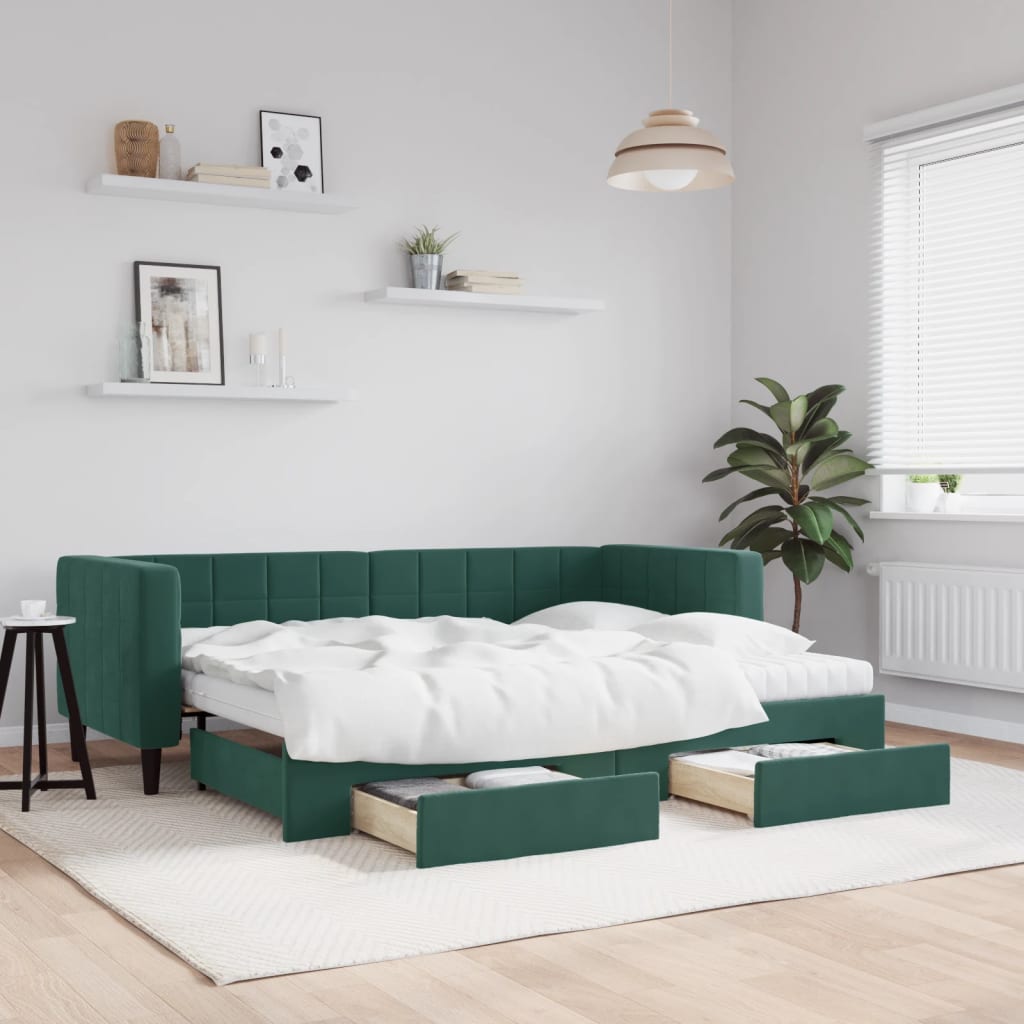 daybed med udtræk og skuffer 80x200 cm velour mørkegrøn