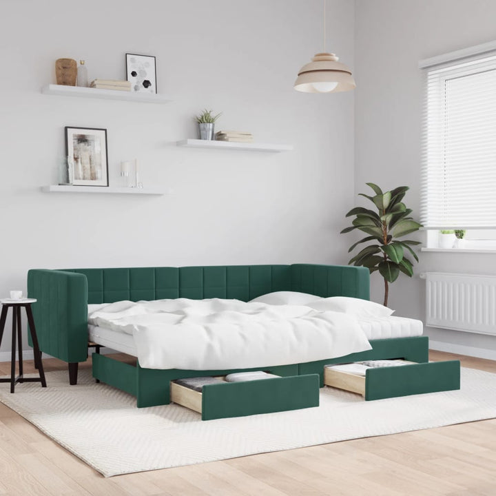 daybed med udtræk og skuffer 80x200 cm velour mørkegrøn