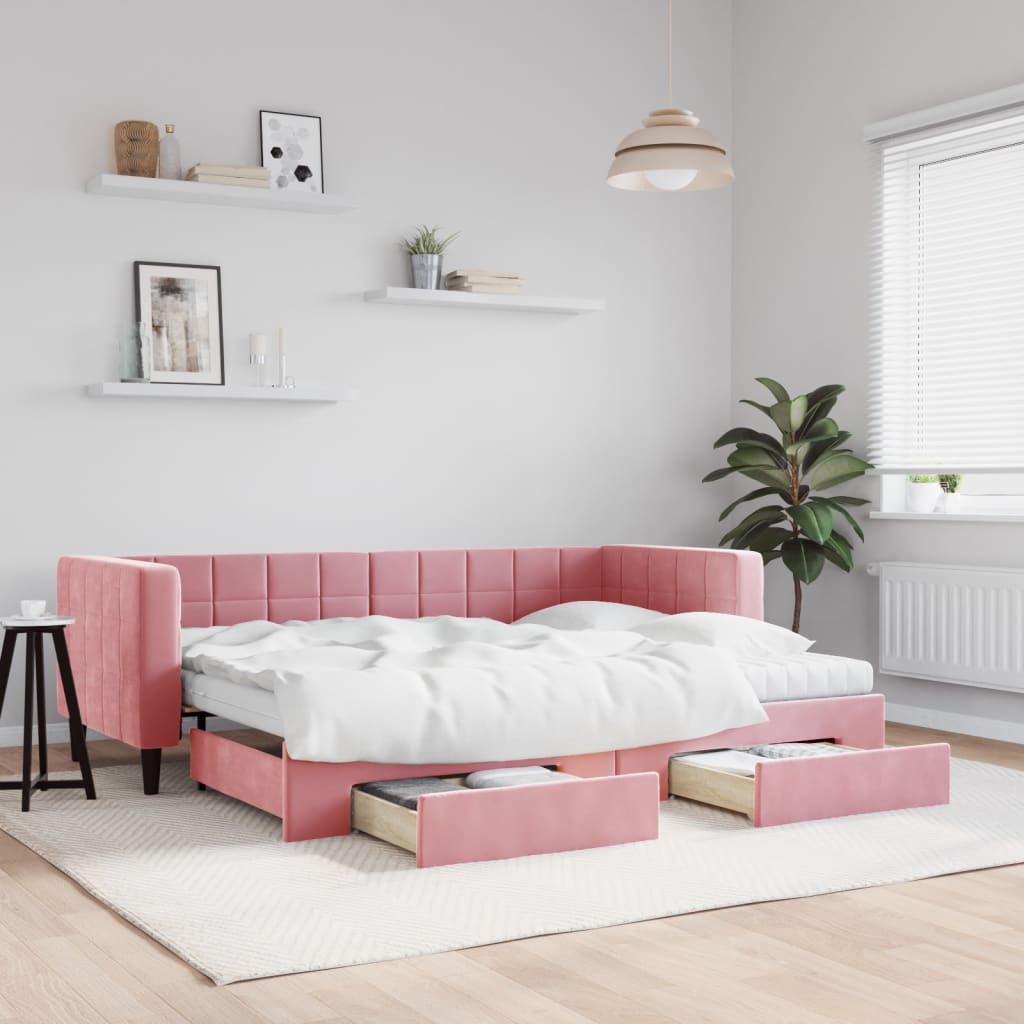 daybed med udtræk og skuffer 80x200 cm velour lyserød